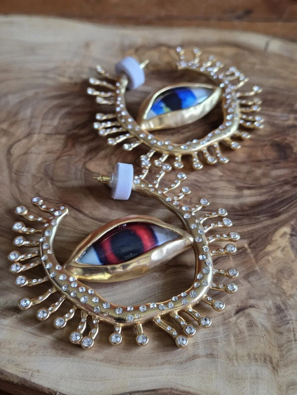 Schiaparelli Style Gaze Eye Crystal Large Chunky Earrings Matte Gold Pierced